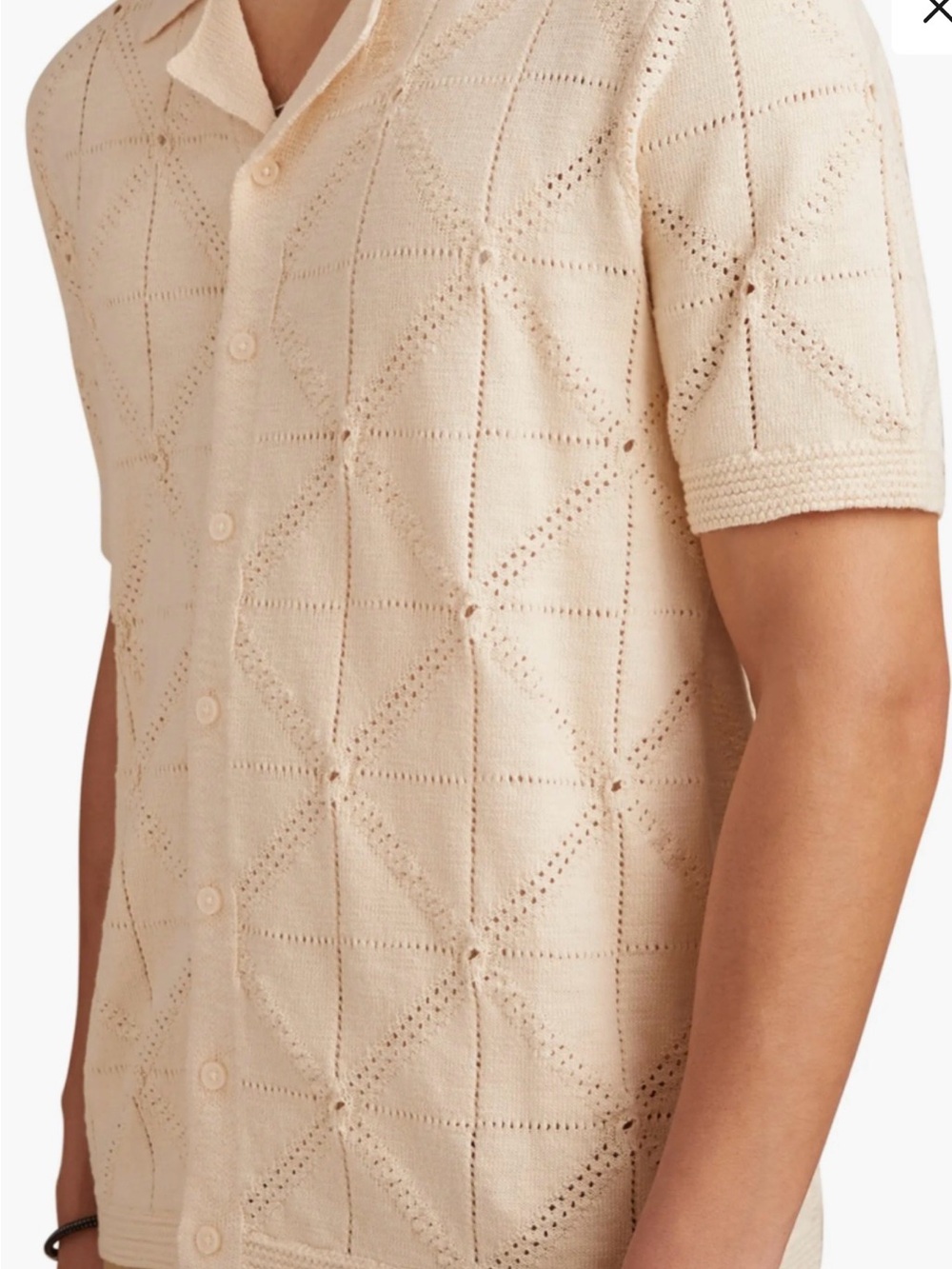 Lucky Brand Pointelle Short Sleeve button-up Sweater XL Whitecap Grey NWT
